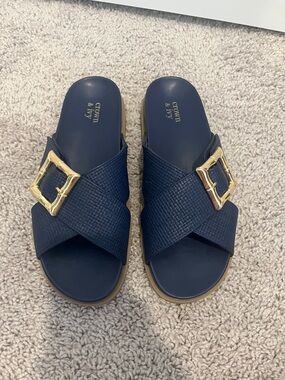 crown & ivy Navy Crisscross Slide Sandals with Gold Buckle Accent